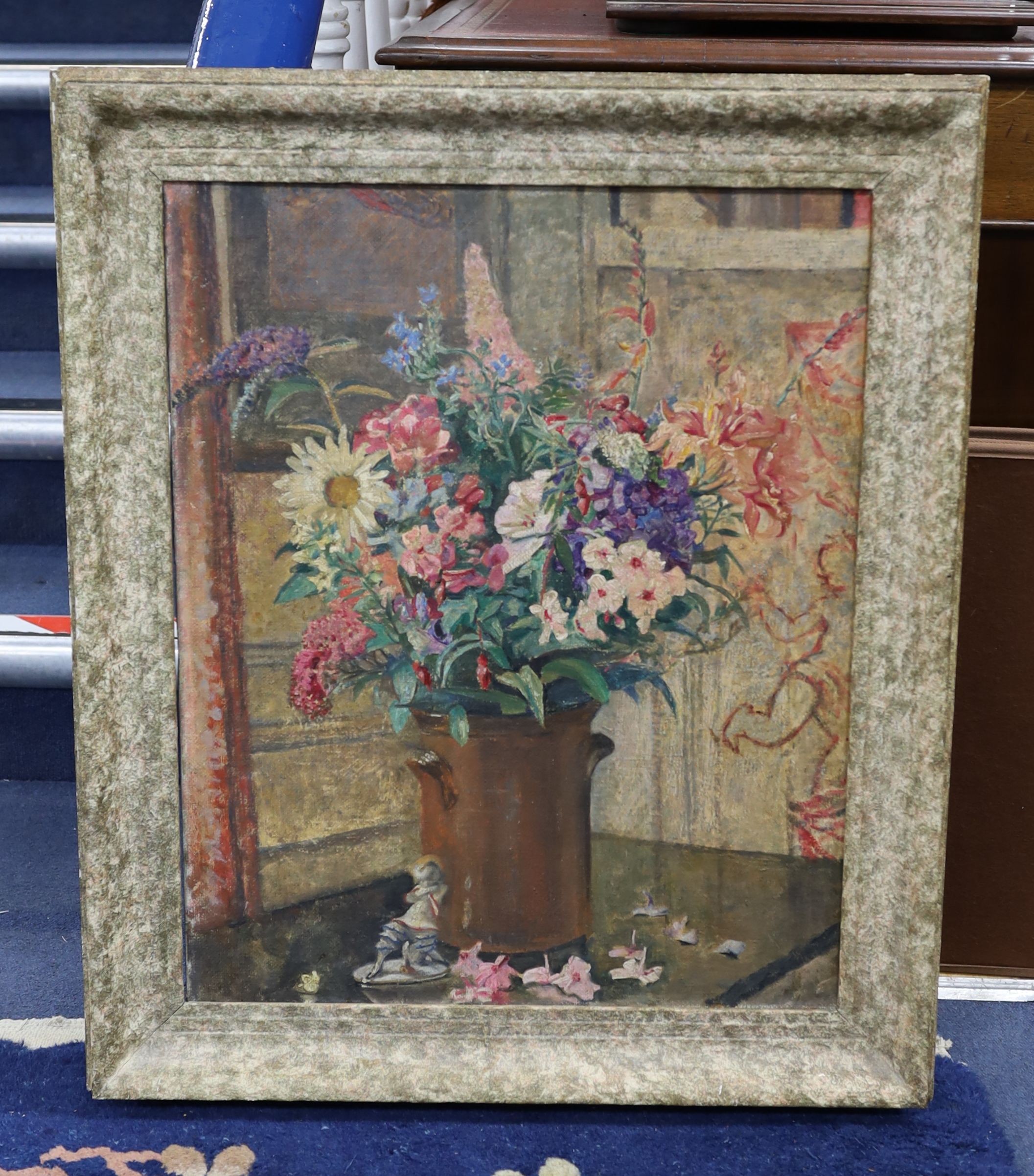 Modern British, oil on canvas, Still life of flowers in a pottery vase, 61 x 50cm